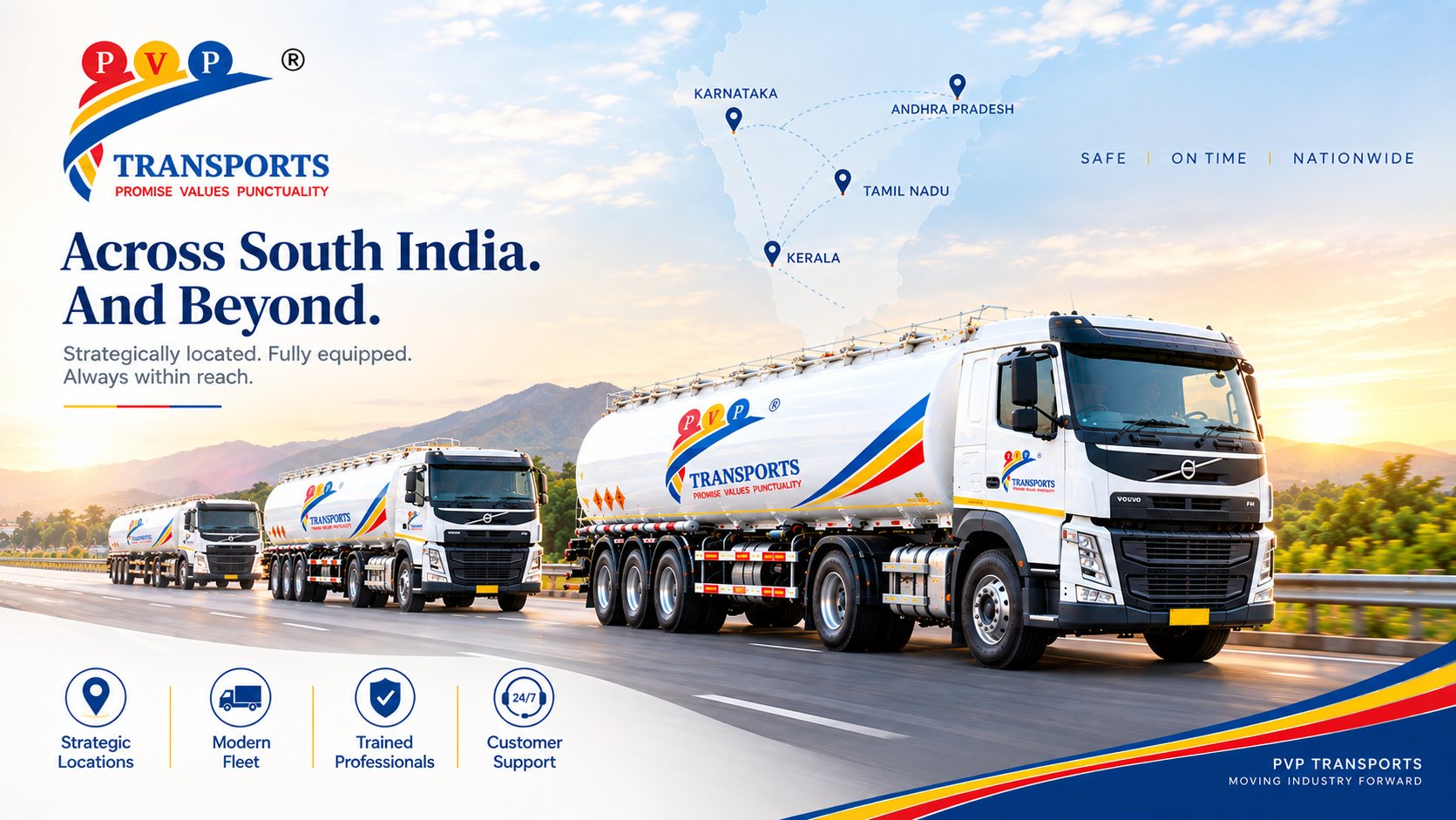 Three PV Powlose Transport tankers on a highway with a South India map: Across South India and Beyond