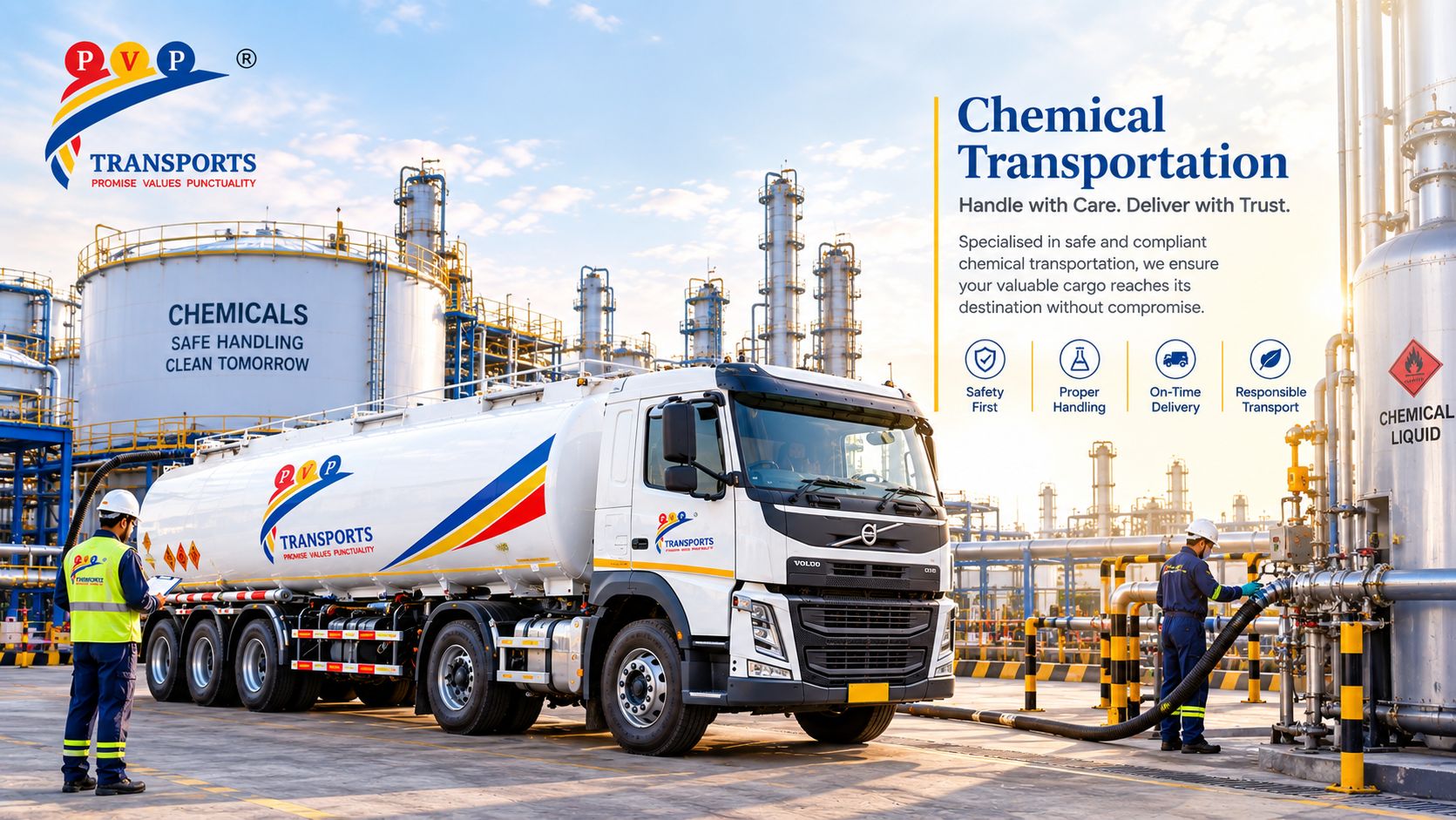 Chemical transportation by PV Powlose Transport: a tanker at a chemical storage facility with a worker handling the hose