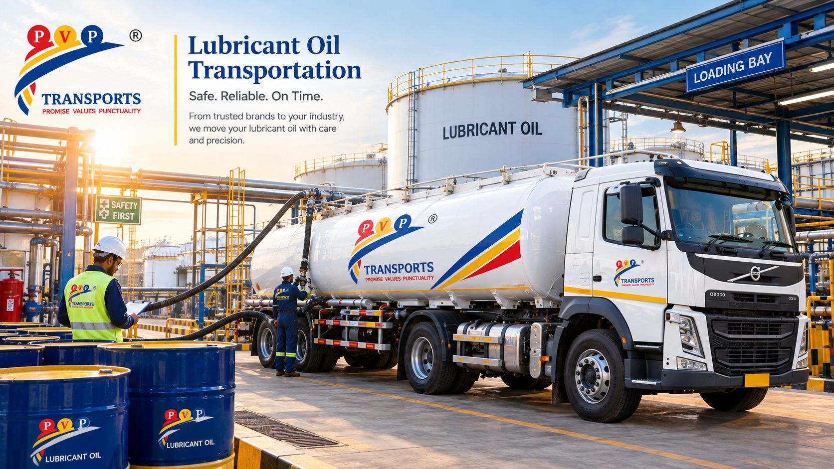 Lubricant oil transportation by PV Powlose Transport: a tanker and workers at a loading bay beside lubricant oil storage and drums