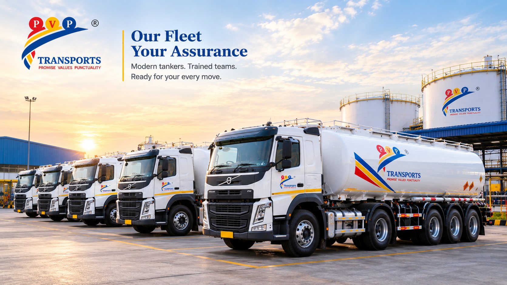 PV Powlose Transport tanker fleet lined up at an industrial facility: Our Fleet, Your Assurance