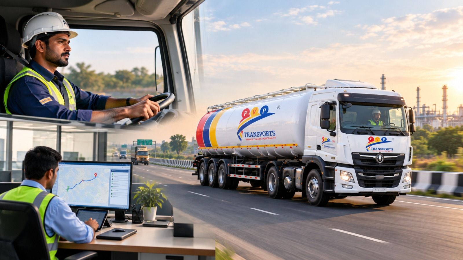 PV Powlose Transport tanker driver and dispatcher tracking a route, with a tanker on the road