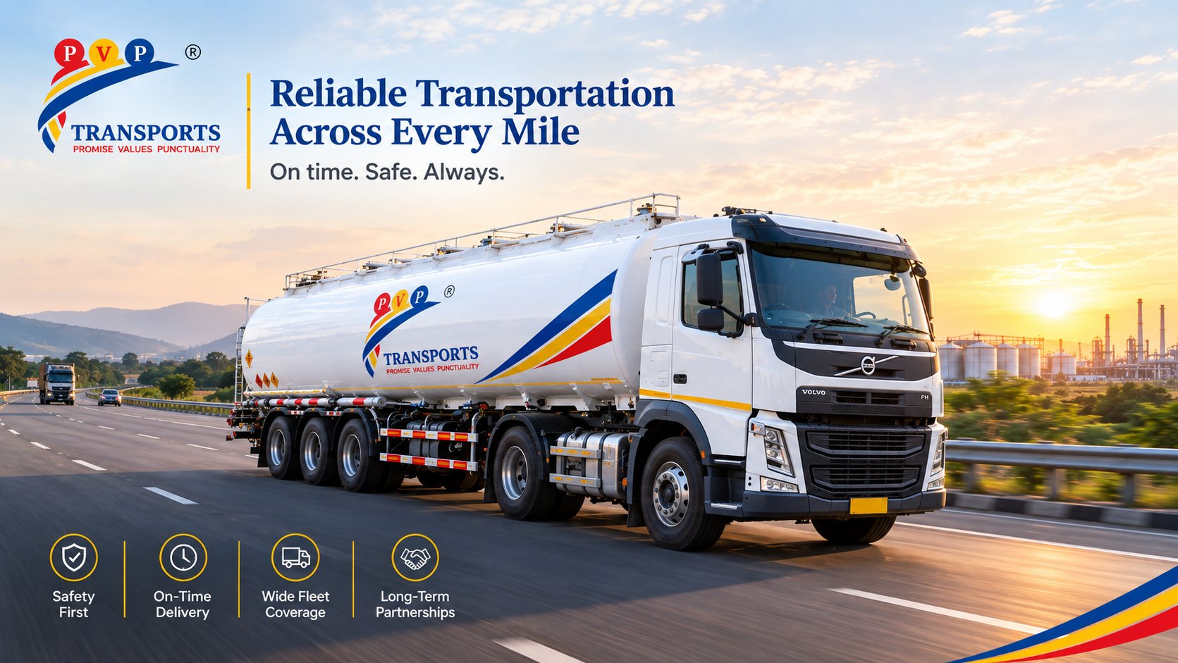 PV Powlose Transport tanker on a highway at sunset: Reliable Transportation Across Every Mile