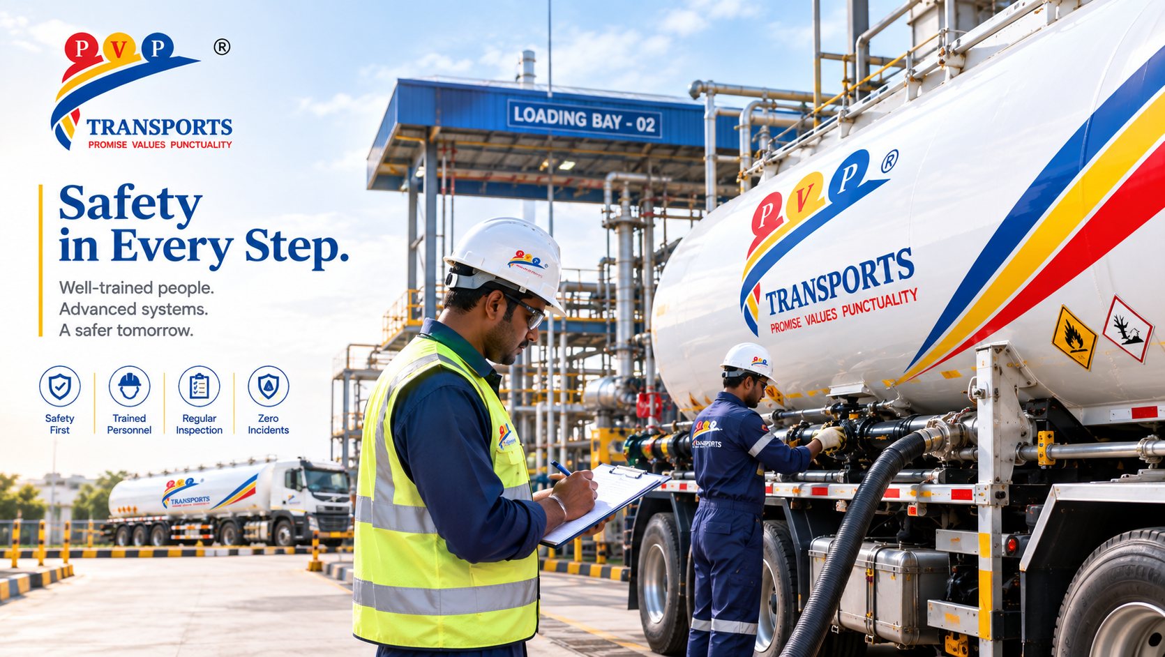 Workers checking a PV Powlose Transport tanker at Loading Bay 02: Safety in Every Step