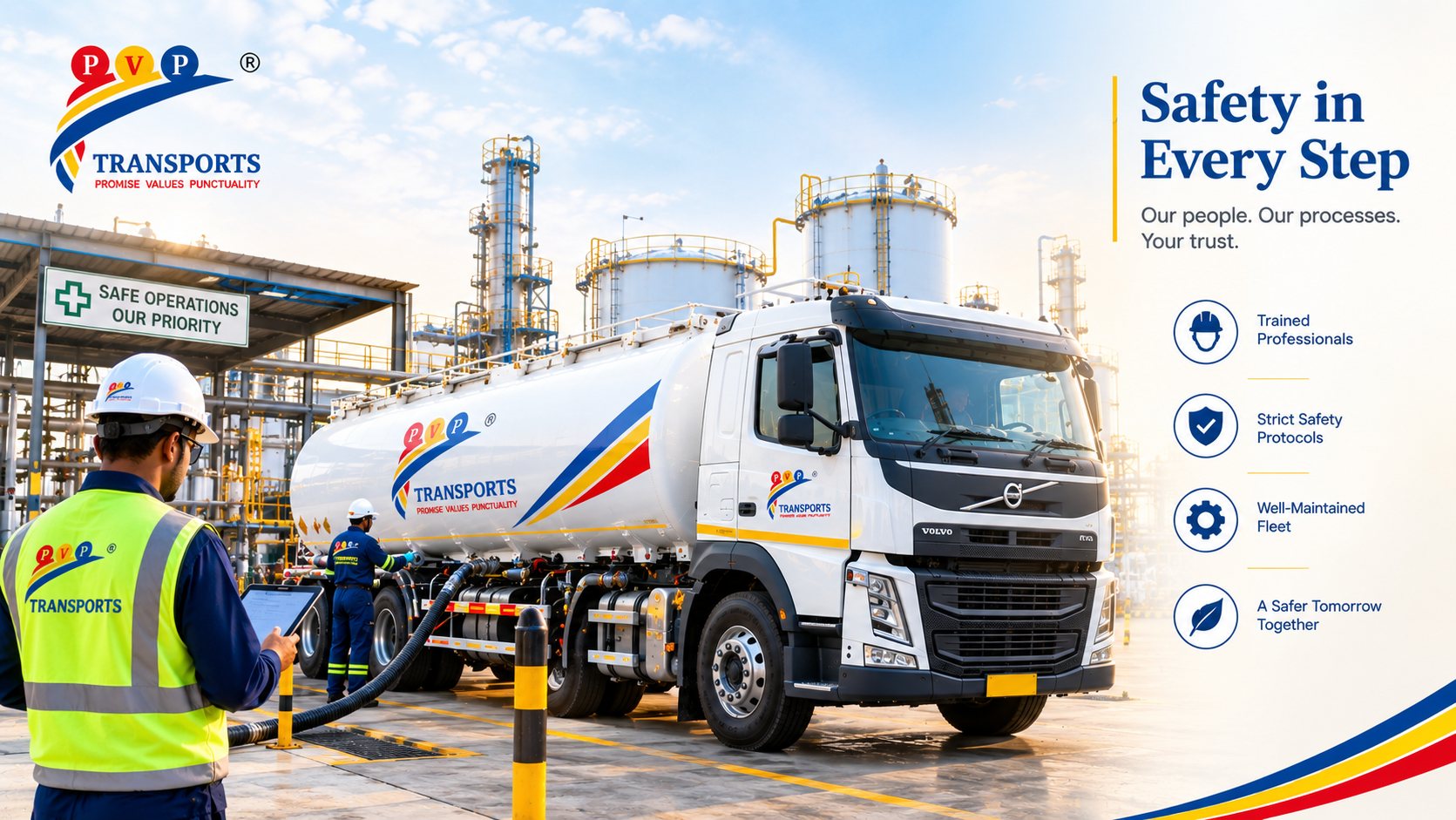 Worker in a safety vest with a tablet beside a PV Powlose Transport tanker at a loading area: Safety in Every Step