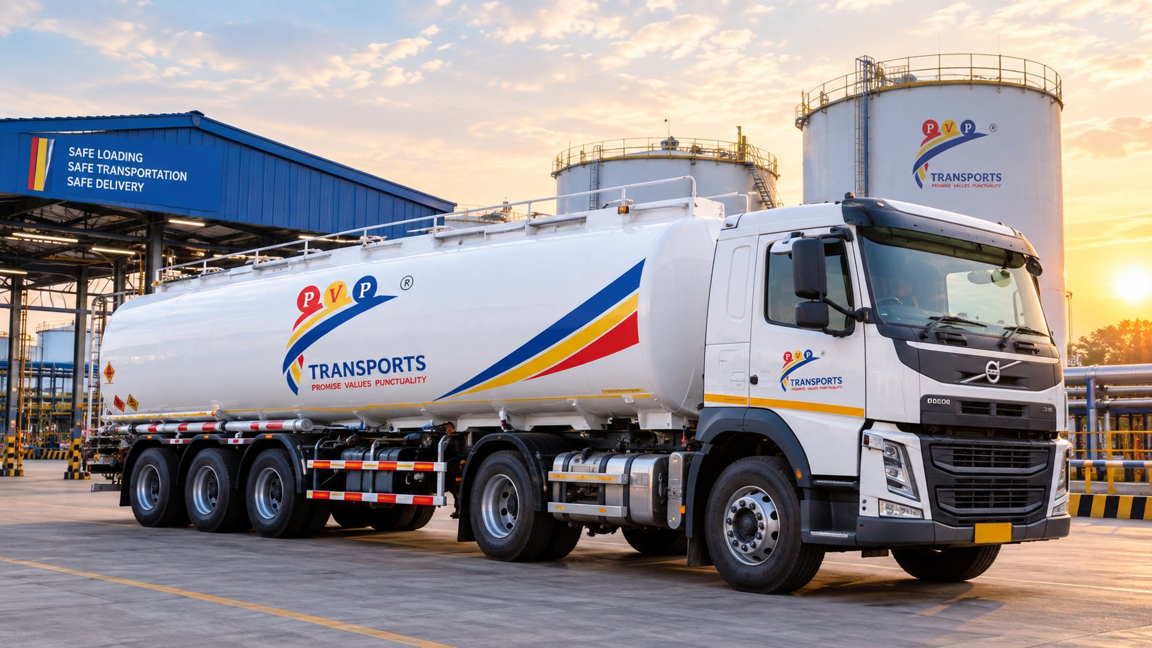 PV Powlose Transport tanker at an industrial plant beside a sign reading Safe Loading, Safe Transportation, Safe Delivery