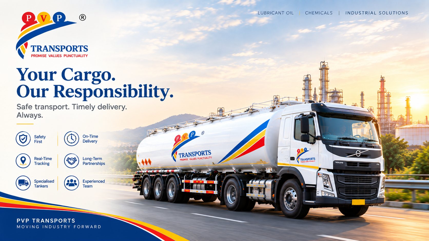 PV Powlose Transport tanker on a highway near a refinery: Your Cargo, Our Responsibility